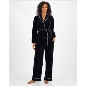 I.n.c. Women's 2-Pc Velvet Shawl-Collar Pajama Set with DetachableBelt Black XXL